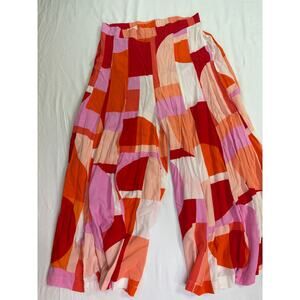 Petal And Pup Women L Pink Orange Abstract Wide Leg Pants Elastic Waist GUC